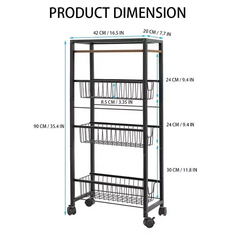 Chariot de rangement fin à 4 niveaux, étagère de rangement coulissante étroite avec 3 paniers coulissants pour les espaces étroits dans la cuisine, la chambre et le salon