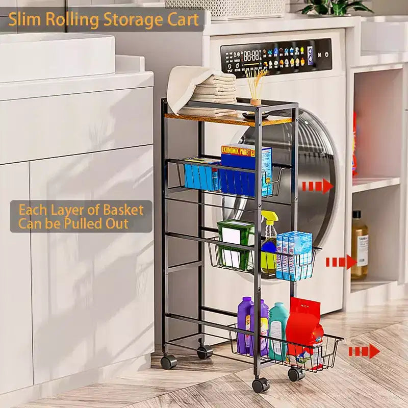Chariot de rangement fin à 4 niveaux, étagère de rangement coulissante étroite avec 3 paniers coulissants pour les espaces étroits dans la cuisine, la chambre et le salon