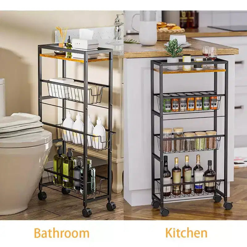 Chariot de rangement fin à 4 niveaux, étagère de rangement coulissante étroite avec 3 paniers coulissants pour les espaces étroits dans la cuisine, la chambre et le salon