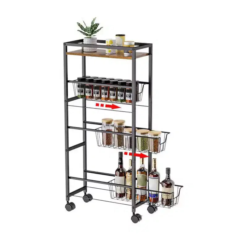 Chariot de rangement fin à 4 niveaux, étagère de rangement coulissante étroite avec 3 paniers coulissants pour les espaces étroits dans la cuisine, la chambre et le salon