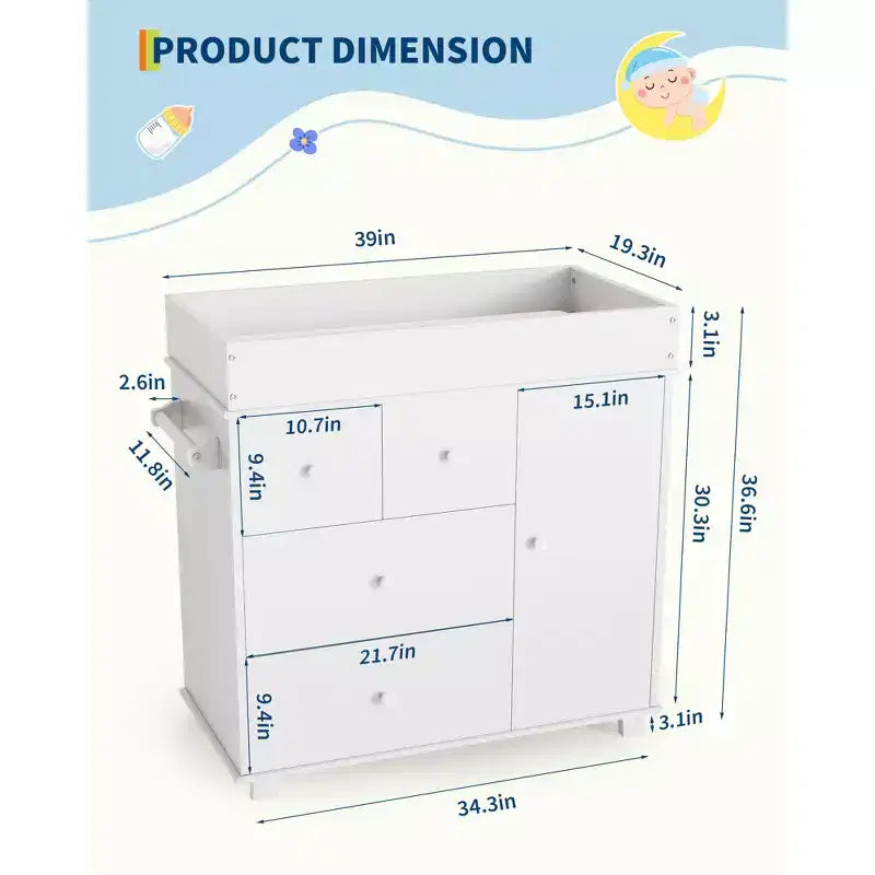 Commode à Langer pour Bébé, Commode de Crèche avec Table à Langer, Table à Langer Moderne avec 3 Tiroirs pour Chambre d'Enfant, Chambre à Coucher