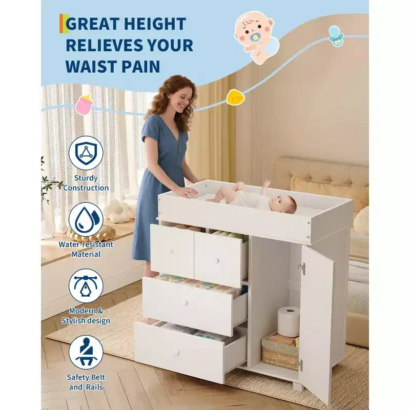 Commode à Langer pour Bébé, Commode de Crèche avec Table à Langer, Table à Langer Moderne avec 3 Tiroirs pour Chambre d'Enfant, Chambre à Coucher