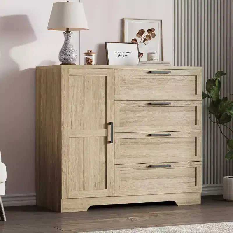 Armoire penderie de 109,9 cm avec 4 tiroirs et tringle de suspension, commode multifonctionnelle en bois à 4 tiroirs avec placard de rangement, pour la maison