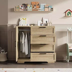 Armoire penderie de 109,9 cm avec 4 tiroirs et tringle de suspension, commode multifonctionnelle en bois à 4 tiroirs avec placard de rangement, pour la maison