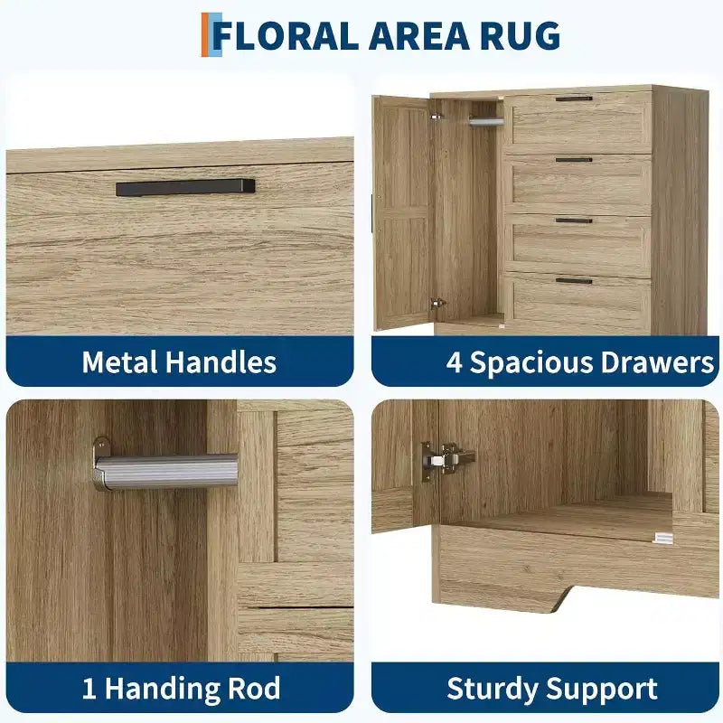 Armoire penderie de 109,9 cm avec 4 tiroirs et tringle de suspension, commode multifonctionnelle en bois à 4 tiroirs avec placard de rangement, pour la maison