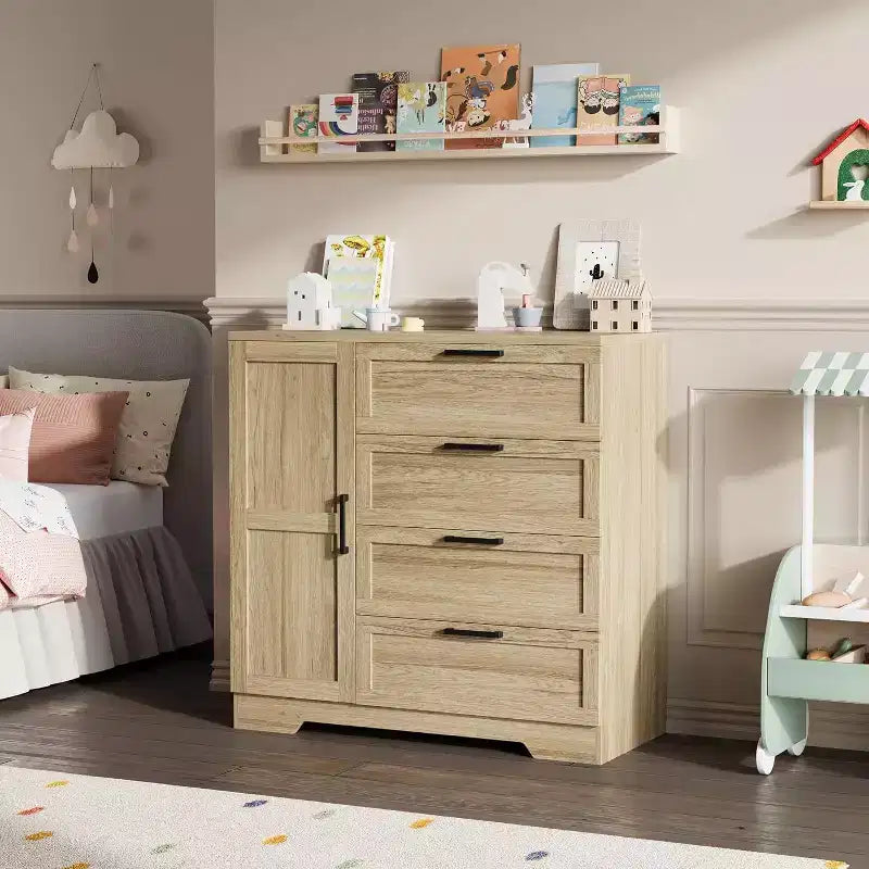 Armoire penderie de 109,9 cm avec 4 tiroirs et tringle de suspension, commode multifonctionnelle en bois à 4 tiroirs avec placard de rangement, pour la maison