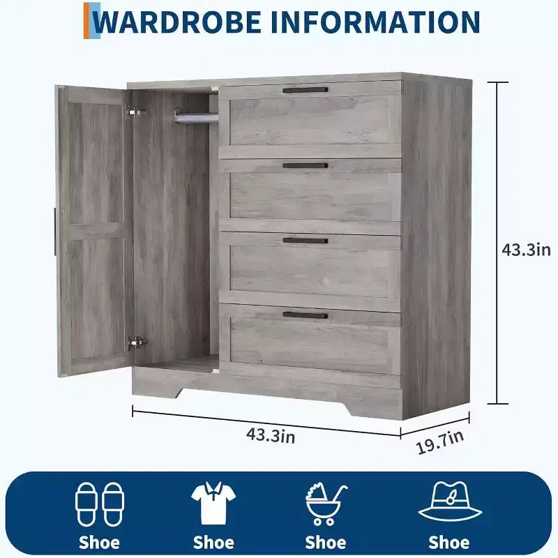 Armoire penderie de 109,9 cm avec 4 tiroirs et tringle de suspension, commode multifonctionnelle en bois à 4 tiroirs avec placard de rangement, pour la maison