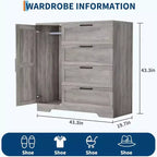 Armoire penderie de 109,9 cm avec 4 tiroirs et tringle de suspension, commode multifonctionnelle en bois à 4 tiroirs avec placard de rangement, pour la maison