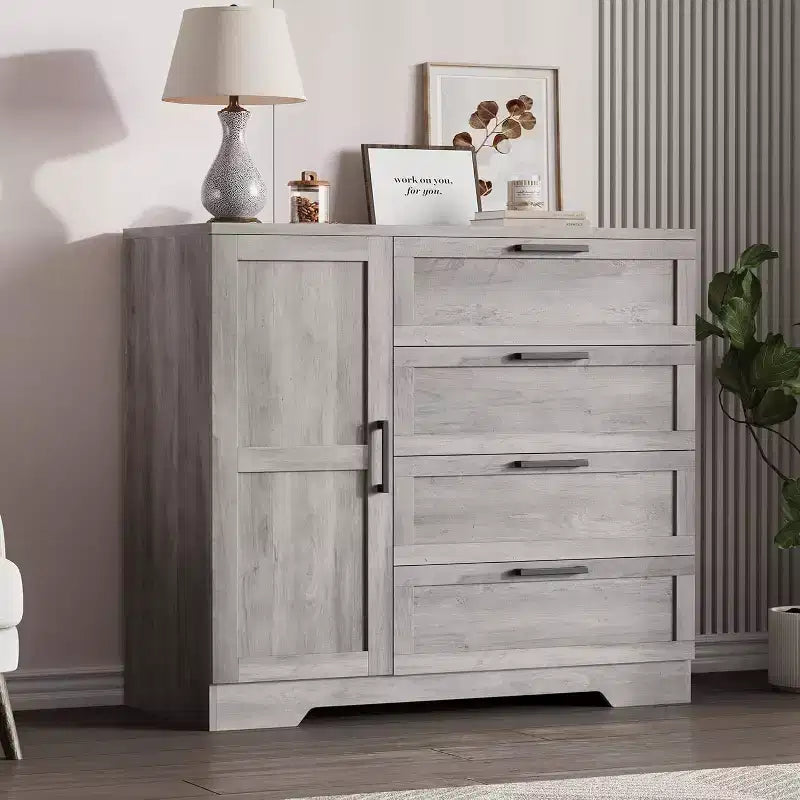 Armoire penderie de 109,9 cm avec 4 tiroirs et tringle de suspension, commode multifonctionnelle en bois à 4 tiroirs avec placard de rangement, pour la maison