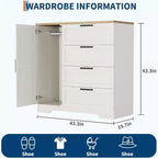Armoire penderie de 109,9 cm avec 4 tiroirs et tringle de suspension, commode multifonctionnelle en bois à 4 tiroirs avec placard de rangement, pour la maison