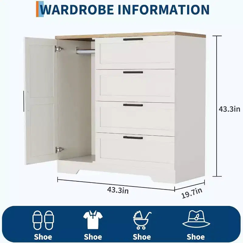 Armoire penderie de 109,9 cm avec 4 tiroirs et tringle de suspension, commode multifonctionnelle en bois à 4 tiroirs avec placard de rangement, pour la maison