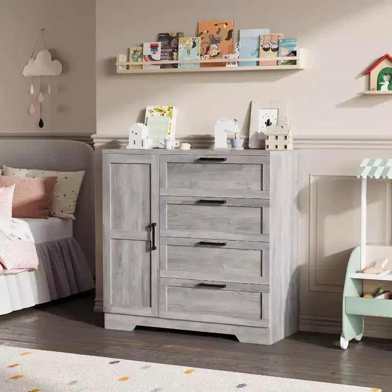 Armoire penderie de 109,9 cm avec 4 tiroirs et tringle de suspension, commode multifonctionnelle en bois à 4 tiroirs avec placard de rangement, pour la maison