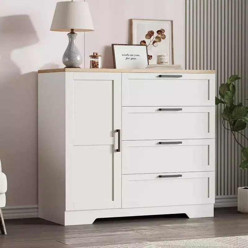 Armoire penderie de 109,9 cm avec 4 tiroirs et tringle de suspension, commode multifonctionnelle en bois à 4 tiroirs avec placard de rangement, pour la maison