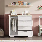 Armoire penderie de 109,9 cm avec 4 tiroirs et tringle de suspension, commode multifonctionnelle en bois à 4 tiroirs avec placard de rangement, pour la maison
