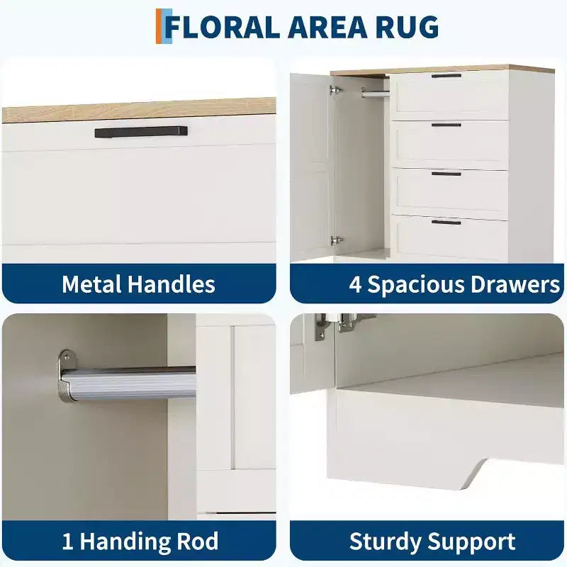 Armoire penderie de 109,9 cm avec 4 tiroirs et tringle de suspension, commode multifonctionnelle en bois à 4 tiroirs avec placard de rangement, pour la maison