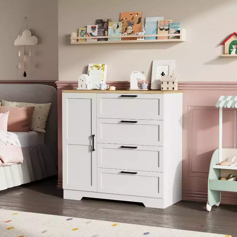 Armoire penderie de 109,9 cm avec 4 tiroirs et tringle de suspension, commode multifonctionnelle en bois à 4 tiroirs avec placard de rangement, pour la maison