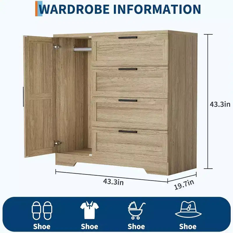 Armoire penderie de 109,9 cm avec 4 tiroirs et tringle de suspension, commode multifonctionnelle en bois à 4 tiroirs avec placard de rangement, pour la maison