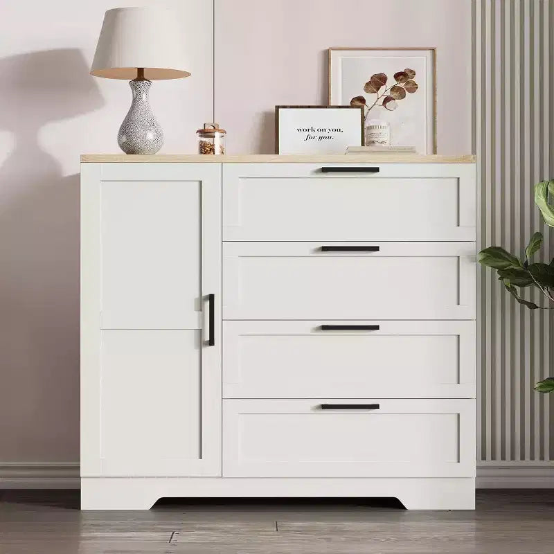 43.3'' Armoire Wardrobe Closet with 4 Drawers and Hanging Rod, Multifunctional Wood 4 Drawers Dresser with Storage Closet, for Home