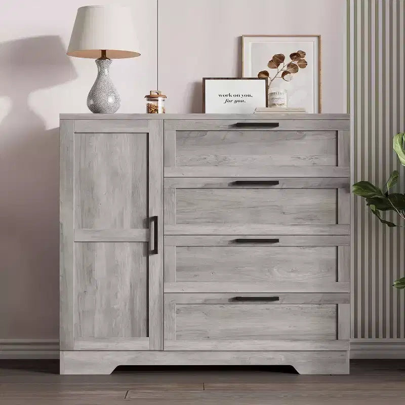 Armoire penderie de 109,9 cm avec 4 tiroirs et tringle de suspension, commode multifonctionnelle en bois à 4 tiroirs avec placard de rangement, pour la maison