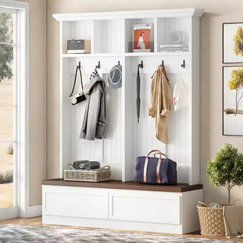CLIHOME Portemanteau d'entrée 4-en-1 style ferme avec banc en bois, porte-manteau polyvalent pour buanderie avec 2 grands tiroirs, organisateur d'entrée