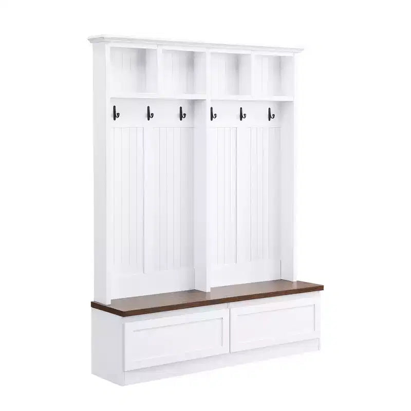 CLIHOME Portemanteau d'entrée 4-en-1 style ferme avec banc en bois, porte-manteau polyvalent pour buanderie avec 2 grands tiroirs, organisateur d'entrée