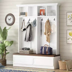 CLIHOME Portemanteau d'entrée 4-en-1 style ferme avec banc en bois, porte-manteau polyvalent pour buanderie avec 2 grands tiroirs, organisateur d'entrée