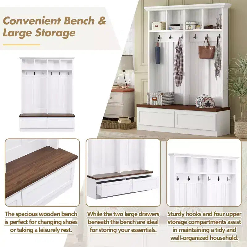 CLIHOME Portemanteau d'entrée 4-en-1 style ferme avec banc en bois, porte-manteau polyvalent pour buanderie avec 2 grands tiroirs, organisateur d'entrée