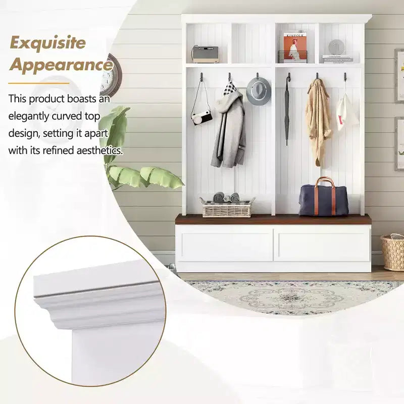 CLIHOME Portemanteau d'entrée 4-en-1 style ferme avec banc en bois, porte-manteau polyvalent pour buanderie avec 2 grands tiroirs, organisateur d'entrée