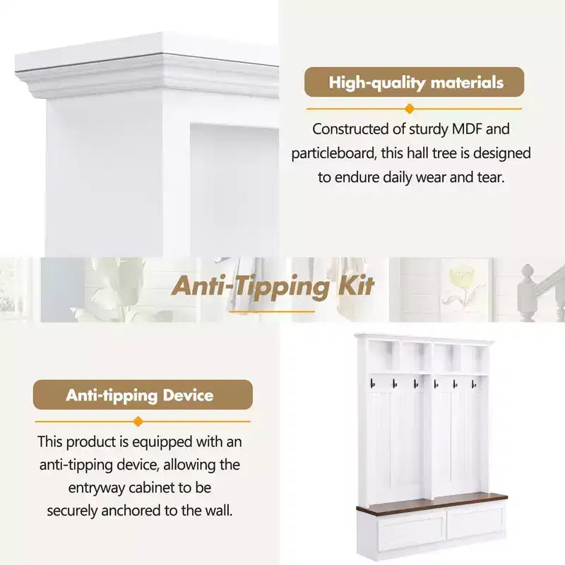 CLIHOME Portemanteau d'entrée 4-en-1 style ferme avec banc en bois, porte-manteau polyvalent pour buanderie avec 2 grands tiroirs, organisateur d'entrée