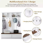 CLIHOME Portemanteau d'entrée 4-en-1 style ferme avec banc en bois, porte-manteau polyvalent pour buanderie avec 2 grands tiroirs, organisateur d'entrée