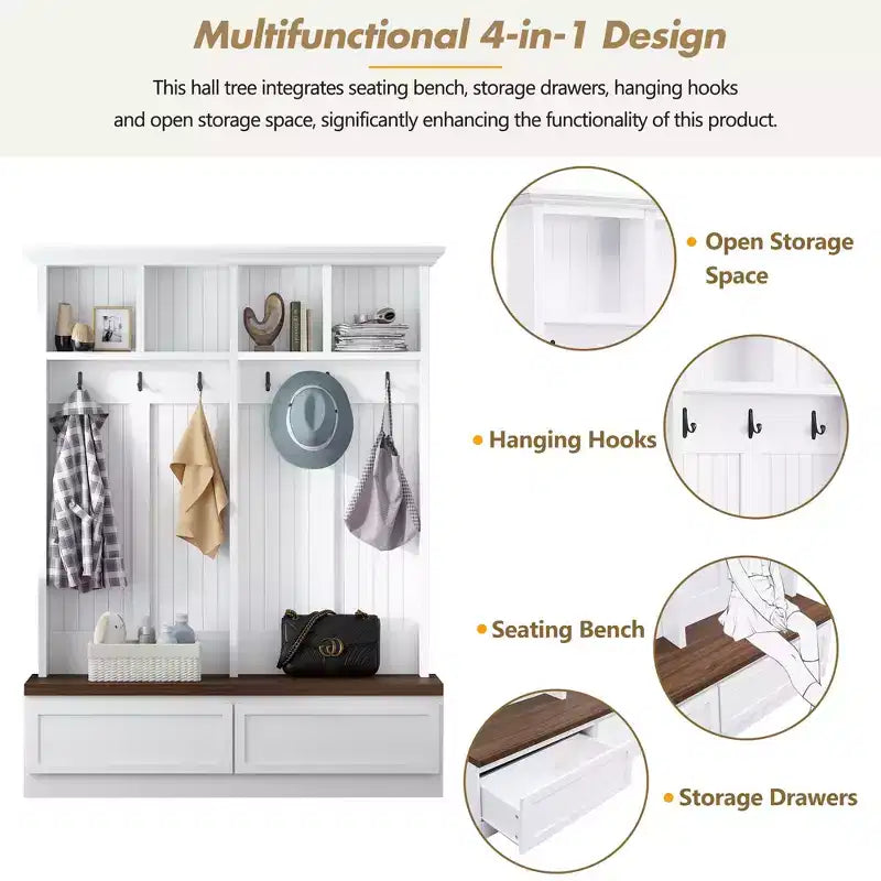CLIHOME Portemanteau d'entrée 4-en-1 style ferme avec banc en bois, porte-manteau polyvalent pour buanderie avec 2 grands tiroirs, organisateur d'entrée