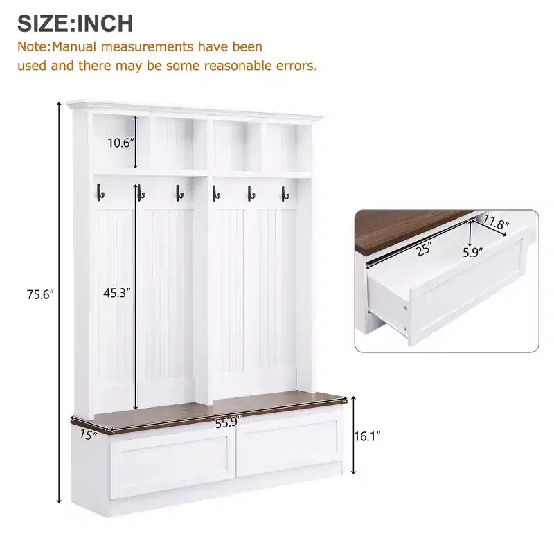 CLIHOME Portemanteau d'entrée 4-en-1 style ferme avec banc en bois, porte-manteau polyvalent pour buanderie avec 2 grands tiroirs, organisateur d'entrée