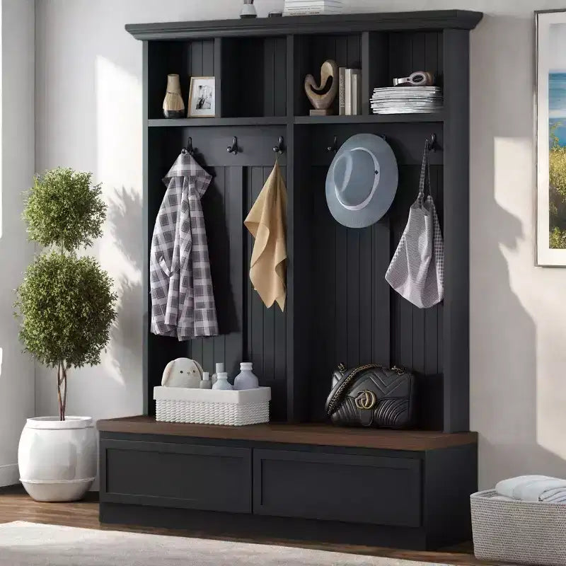 CLIHOME Portemanteau d'entrée 4-en-1 style ferme avec banc en bois, porte-manteau polyvalent pour buanderie avec 2 grands tiroirs, organisateur d'entrée