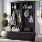 CLIHOME Portemanteau d'entrée 4-en-1 style ferme avec banc en bois, porte-manteau polyvalent pour buanderie avec 2 grands tiroirs, organisateur d'entrée