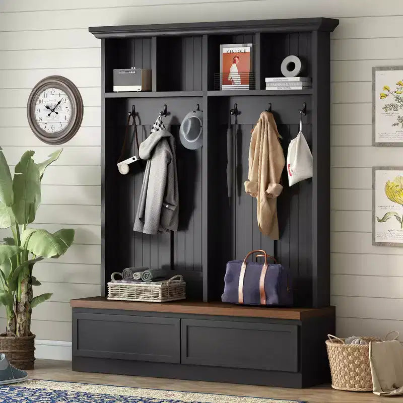CLIHOME Portemanteau d'entrée 4-en-1 style ferme avec banc en bois, porte-manteau polyvalent pour buanderie avec 2 grands tiroirs, organisateur d'entrée