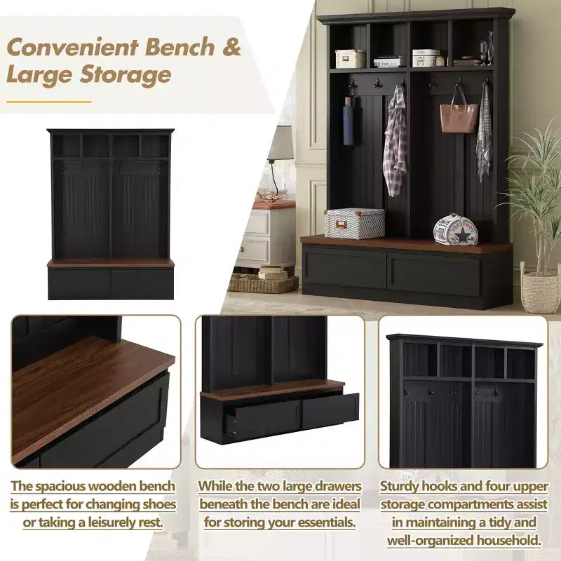 CLIHOME Portemanteau d'entrée 4-en-1 style ferme avec banc en bois, porte-manteau polyvalent pour buanderie avec 2 grands tiroirs, organisateur d'entrée