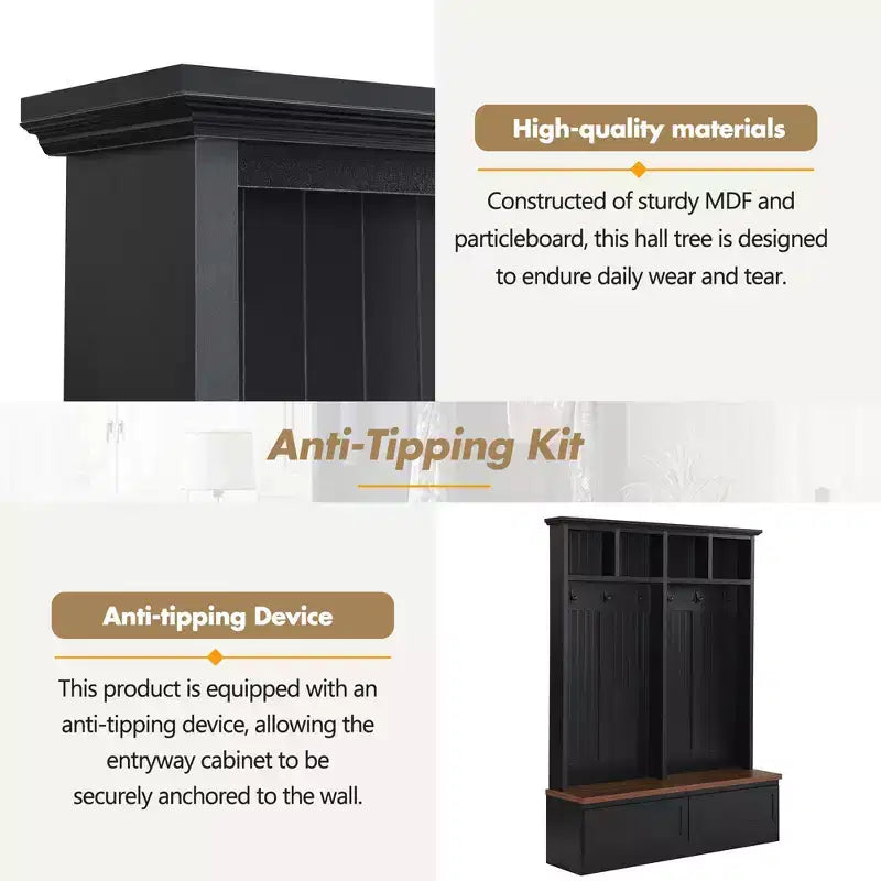CLIHOME Portemanteau d'entrée 4-en-1 style ferme avec banc en bois, porte-manteau polyvalent pour buanderie avec 2 grands tiroirs, organisateur d'entrée