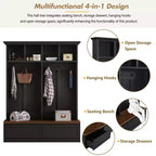 CLIHOME Portemanteau d'entrée 4-en-1 style ferme avec banc en bois, porte-manteau polyvalent pour buanderie avec 2 grands tiroirs, organisateur d'entrée