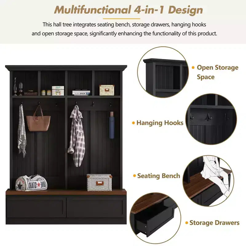 CLIHOME Portemanteau d'entrée 4-en-1 style ferme avec banc en bois, porte-manteau polyvalent pour buanderie avec 2 grands tiroirs, organisateur d'entrée