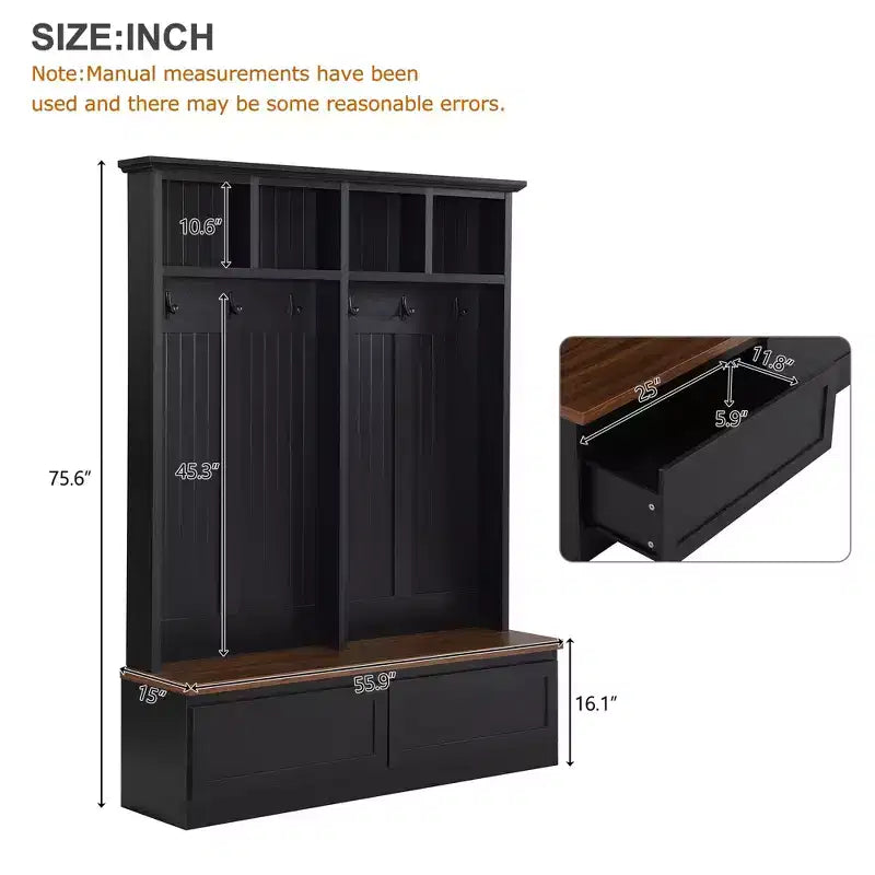 CLIHOME Portemanteau d'entrée 4-en-1 style ferme avec banc en bois, porte-manteau polyvalent pour buanderie avec 2 grands tiroirs, organisateur d'entrée