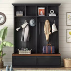 CLIHOME Farmhouse 4-in-1 Hall Tree with Wood Grain Bench, Mudroom Versatile Coat Rack with 2 Large Drawer, Entrance Organizer