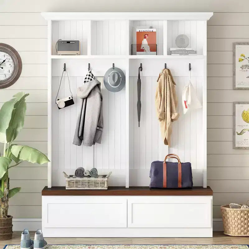 CLIHOME Portemanteau d'entrée 4-en-1 style ferme avec banc en bois, porte-manteau polyvalent pour buanderie avec 2 grands tiroirs, organisateur d'entrée