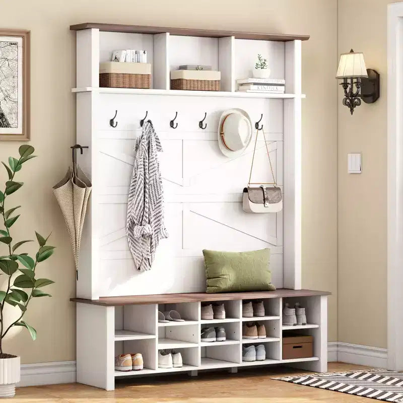 CLIHOME Meuble d'entrée 4-en-1 style rustique avec 6 crochets, banc de rangement à chaussures en noyer avec étagères réglables et 16 compartiments ouverts