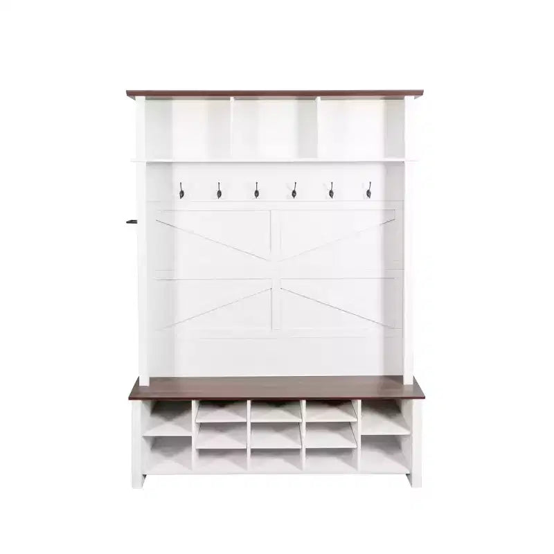 CLIHOME Meuble d'entrée 4-en-1 style rustique avec 6 crochets, banc de rangement à chaussures en noyer avec étagères réglables et 16 compartiments ouverts