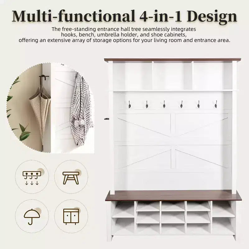 CLIHOME Meuble d'entrée 4-en-1 style rustique avec 6 crochets, banc de rangement à chaussures en noyer avec étagères réglables et 16 compartiments ouverts