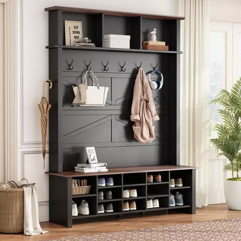 CLIHOME Meuble d'entrée 4-en-1 style rustique avec 6 crochets, banc de rangement à chaussures en noyer avec étagères réglables et 16 compartiments ouverts