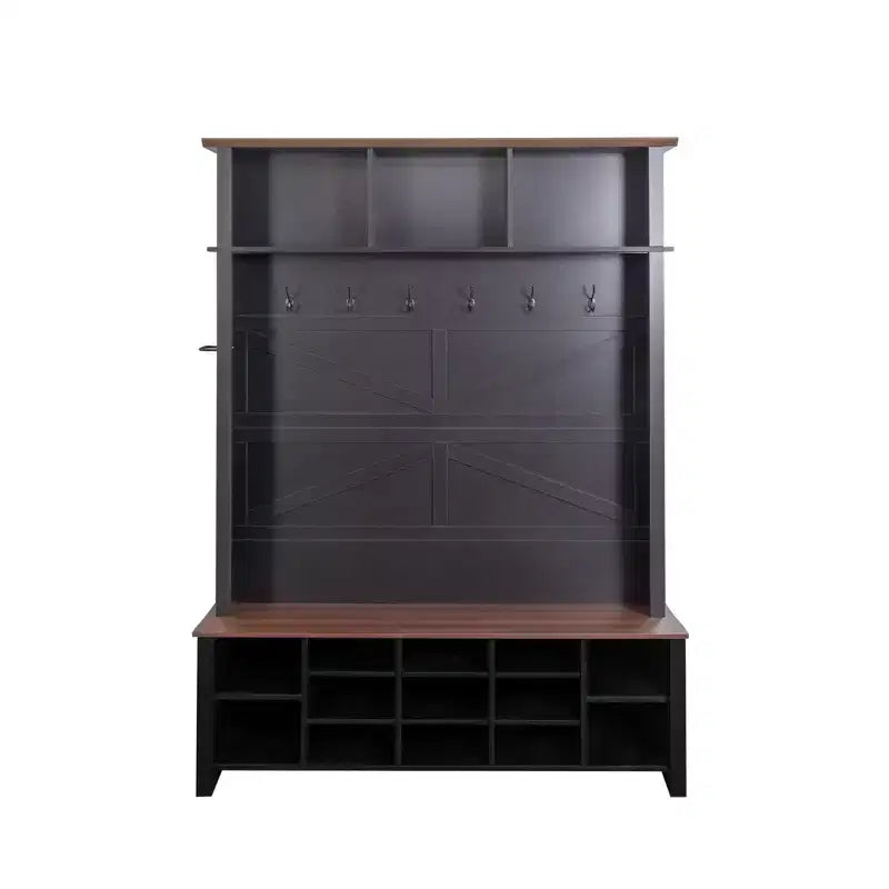 CLIHOME Meuble d'entrée 4-en-1 style rustique avec 6 crochets, banc de rangement à chaussures en noyer avec étagères réglables et 16 compartiments ouverts