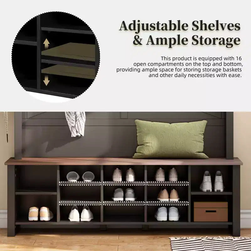 CLIHOME Meuble d'entrée 4-en-1 style rustique avec 6 crochets, banc de rangement à chaussures en noyer avec étagères réglables et 16 compartiments ouverts