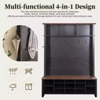 CLIHOME Meuble d'entrée 4-en-1 style rustique avec 6 crochets, banc de rangement à chaussures en noyer avec étagères réglables et 16 compartiments ouverts