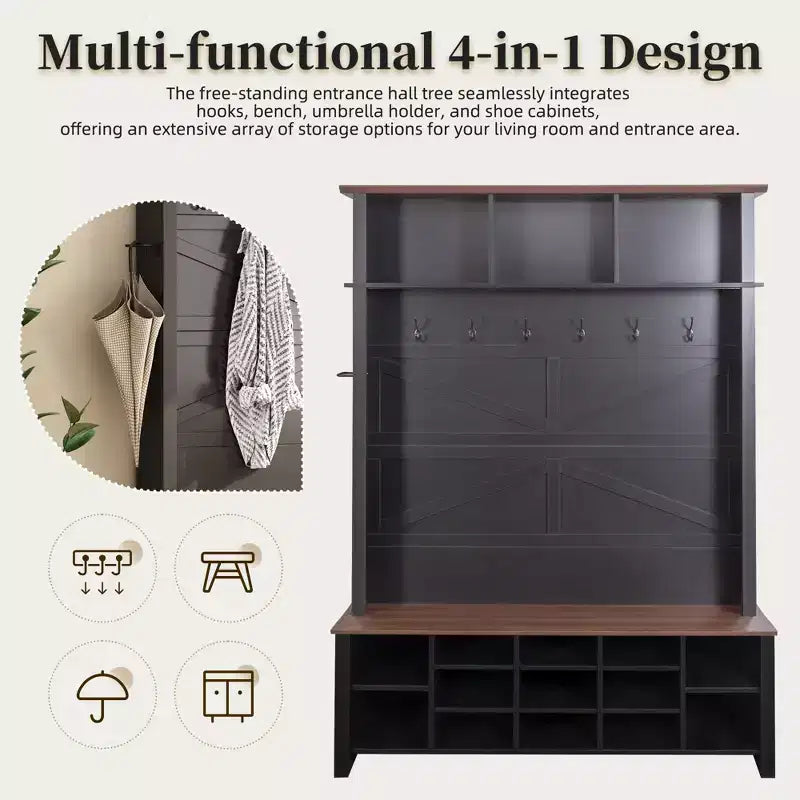 CLIHOME Meuble d'entrée 4-en-1 style rustique avec 6 crochets, banc de rangement à chaussures en noyer avec étagères réglables et 16 compartiments ouverts